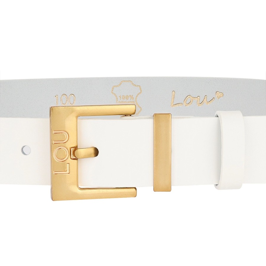 Lou Women's Fashion Charo Belt - Elegant White Leather Belt With Gold Buckle And Lou Logo. Hot