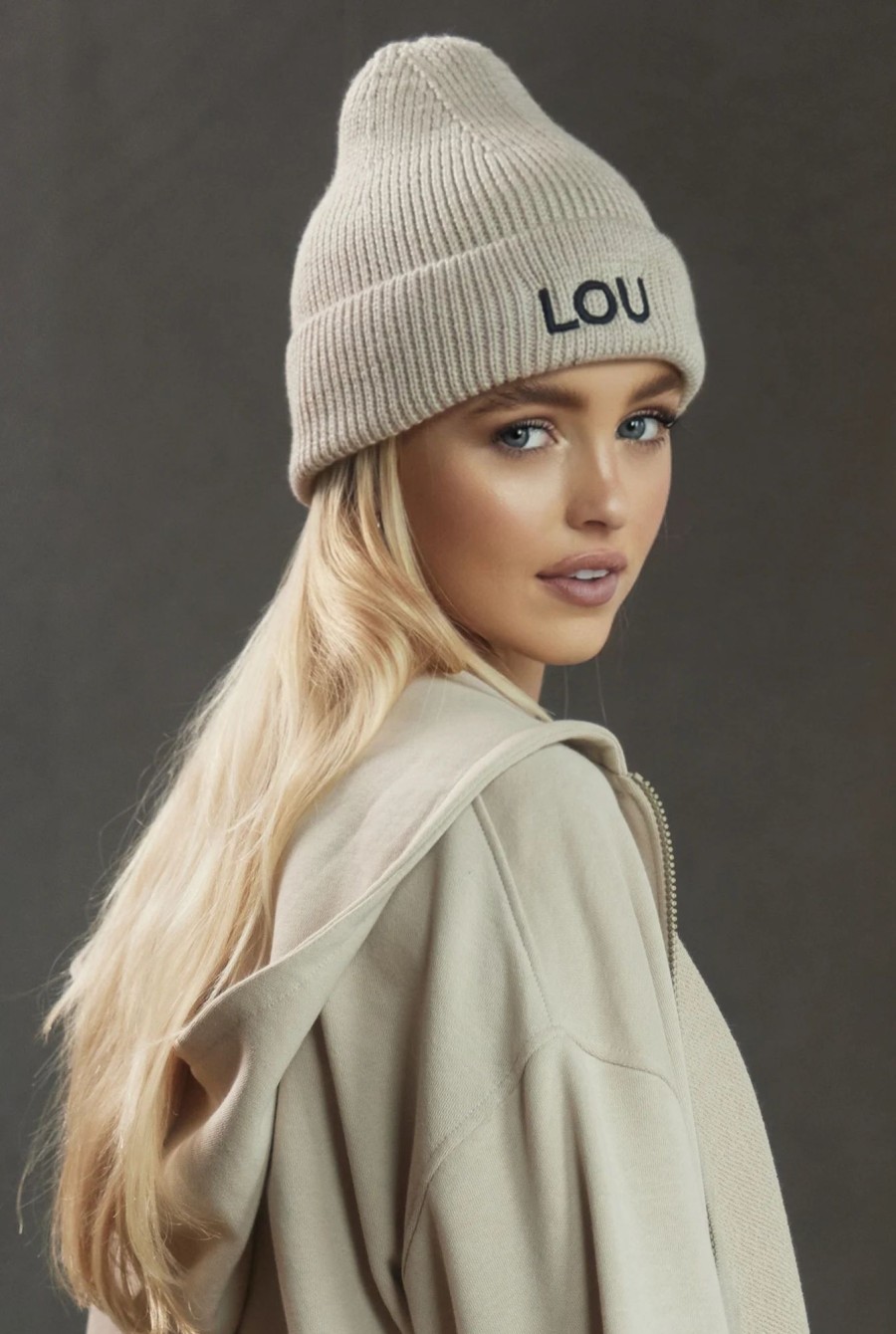 Lou Women's Fashion Beige Winter Beanie With Lou Logo Clearance